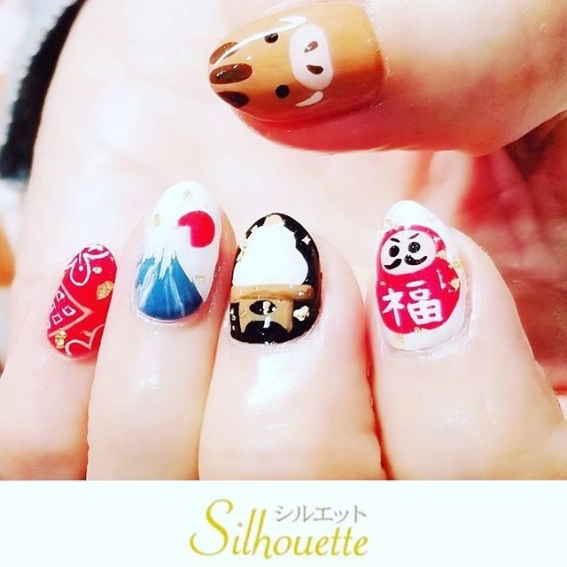 お正月 痛ネイル 和 ネイルサロン シルエットのネイルデザイン No ネイルブック