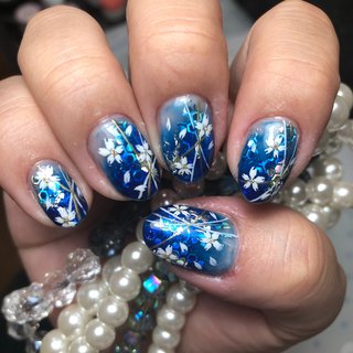 和柄 ブルー セルフネイルのネイルデザイン ネイルブック