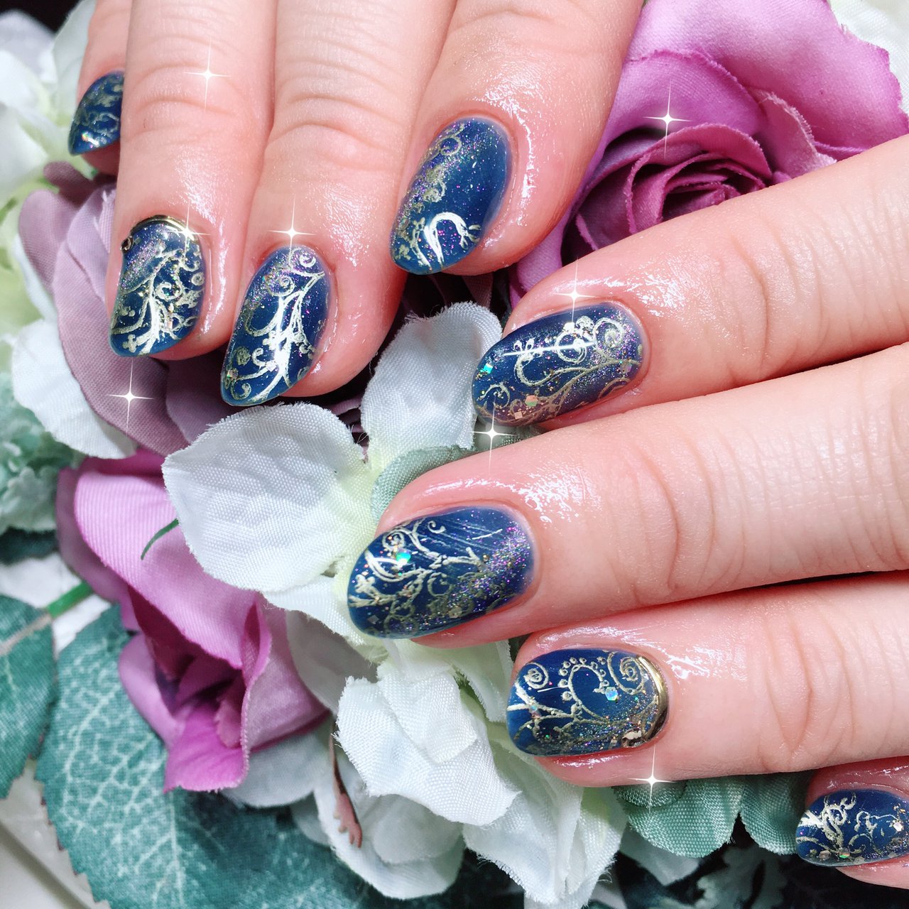 ハンド ギャラクシー 和柄 ミディアム ネイビー あめちゃんのネイルデザイン No ネイルブック