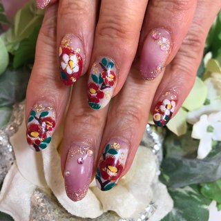 椿柄ネイルのネイルデザイン ネイルブック