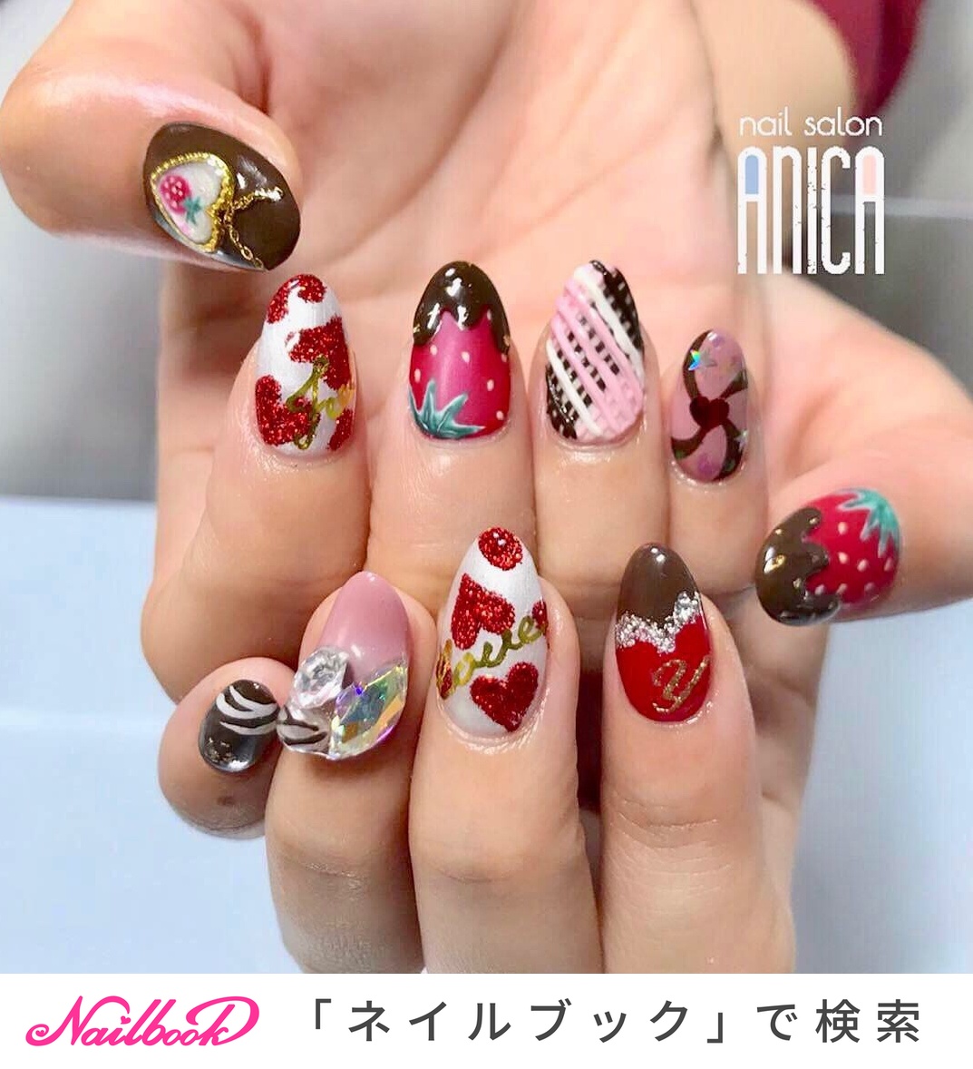 ネイルチップ #124 赤 ハート バレンタイン チョコレートネイル ネイルチップ #124 赤 ハート バレンタイン チョコレートネイル