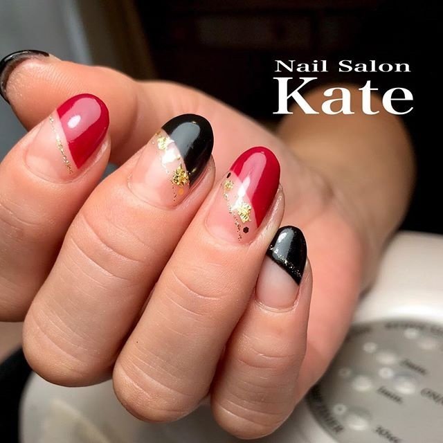 冬 ハンド 変形フレンチ ミディアム ボルドー ネイルサロン Kateの