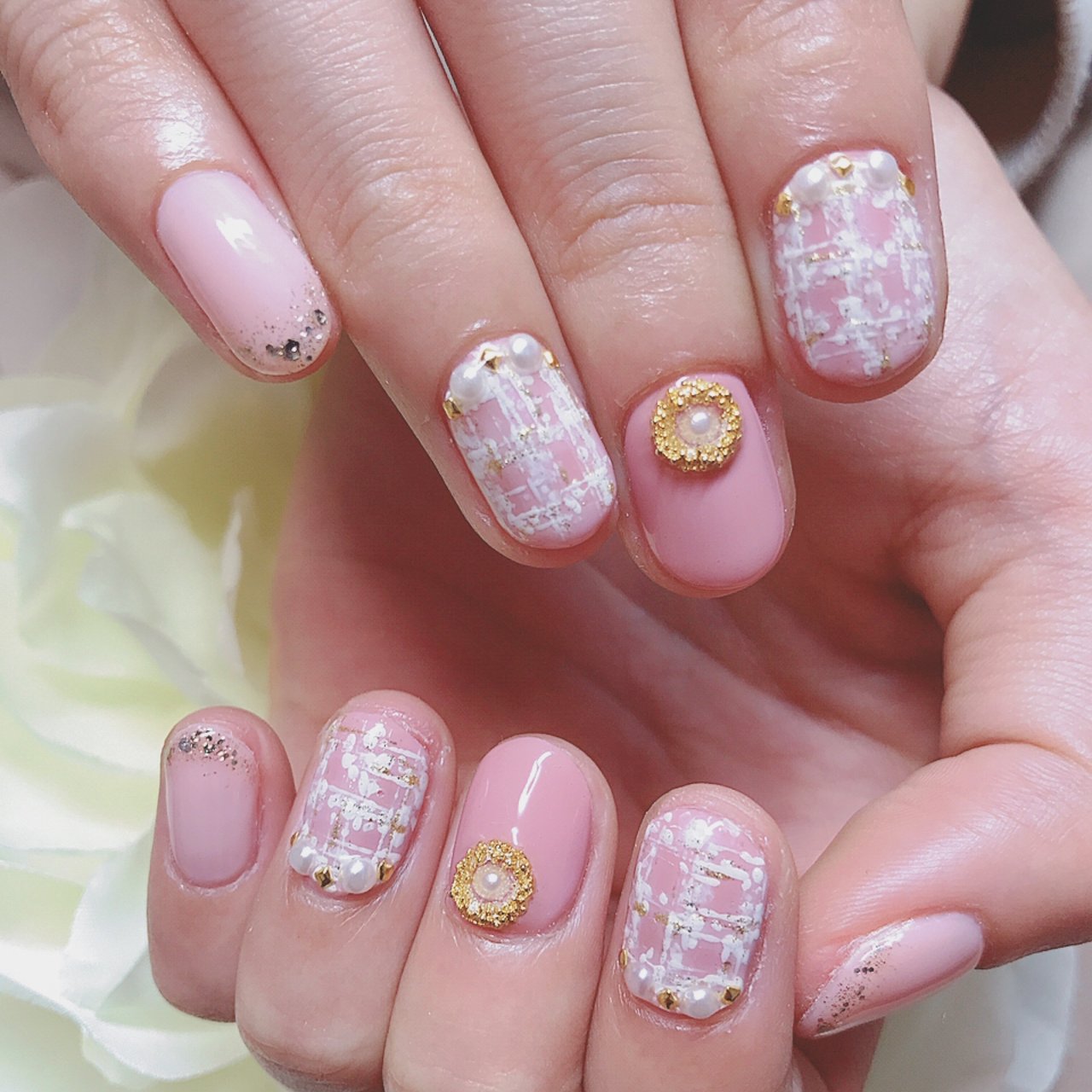 オールシーズン ハンド ツイード ピンク ジェルネイル Lualani Nailのネイルデザイン No ネイルブック