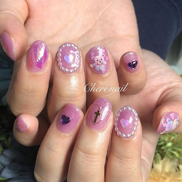 ハンド ラメ パール ハート ピンク Cheri Nailのネイルデザイン No ネイルブック