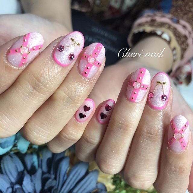 ハンド ハート フルーツ ピンク パステル Cheri Nailのネイル