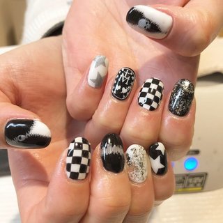 #ジェル#ハンド#個性派#ジッパー#安全ピン#ホイル#ブラック#ホワイト#モノトーン#星#市松模様 #ハンド #星 #ホイル #ホワイト #ブラック #シルバー #ジェルネイル #石田久美 #ネイルブック