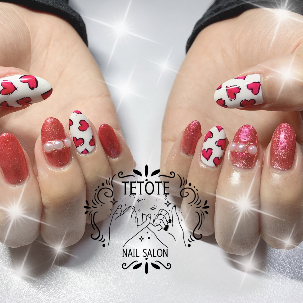 ハンド ラメ パール ハート レッド Nailsalon Tetoteのネイルデザイン No ネイルブック