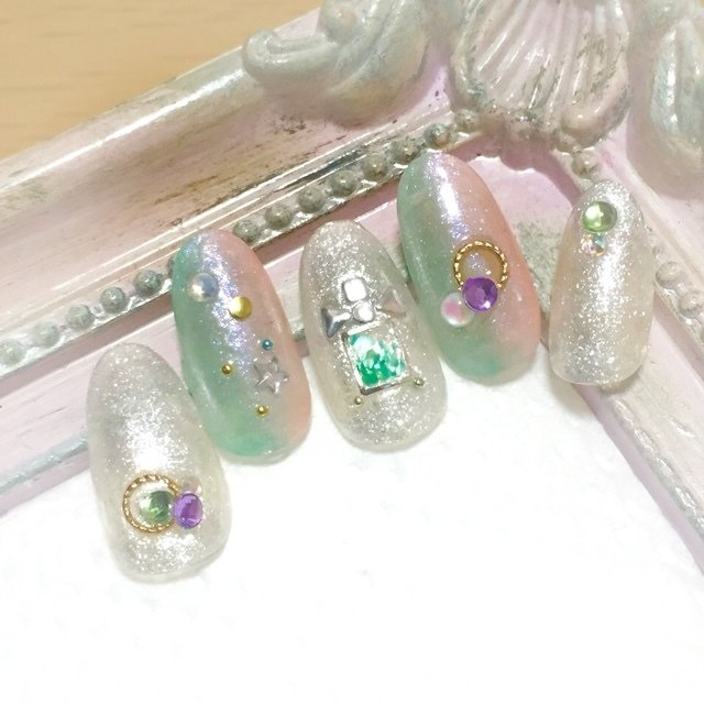 ハンド グラデーション ラメ シェル デコ 0ribbon0のネイルデザイン No ネイルブック