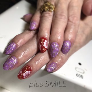 #70代のお客様 #ゴージャスネイル #ハンド #ラメ #フラワー #ツイード #レッド #パープル #ゴールド #ジェルネイル #plussmile #ネイルブック
