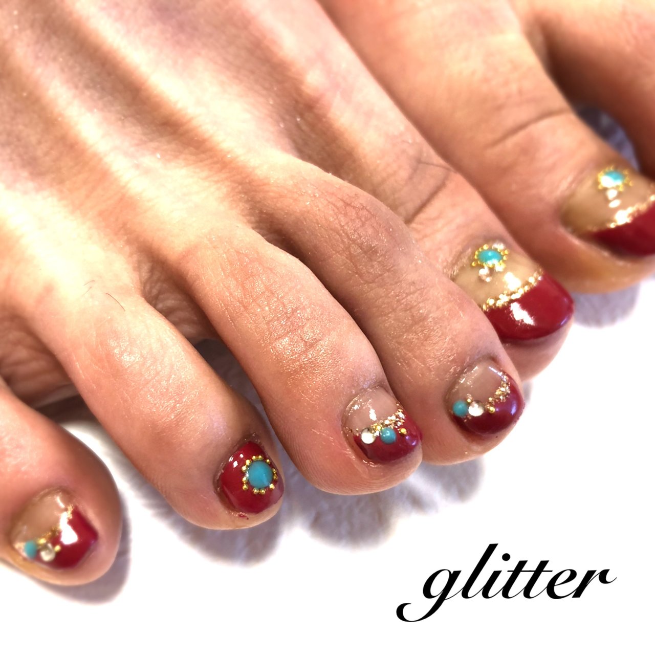 フット フレンチ ビジュー ボルドー ジェル Glitterのネイルデザイン No ネイルブック