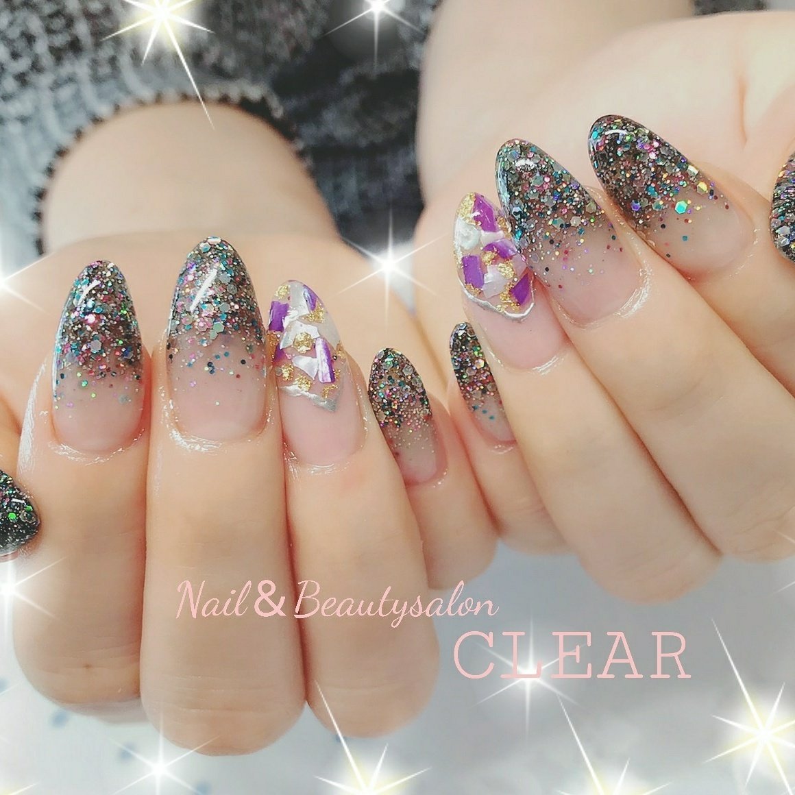 ハンド ラメ ロング ピンク ブラック Clear Nailsalonのネイルデザイン No ネイルブック