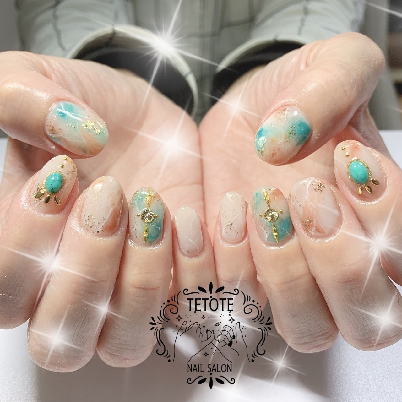 ハンド 大理石 ホワイト ターコイズ ジェル Nailsalon Tetoteのネイルデザイン No ネイルブック