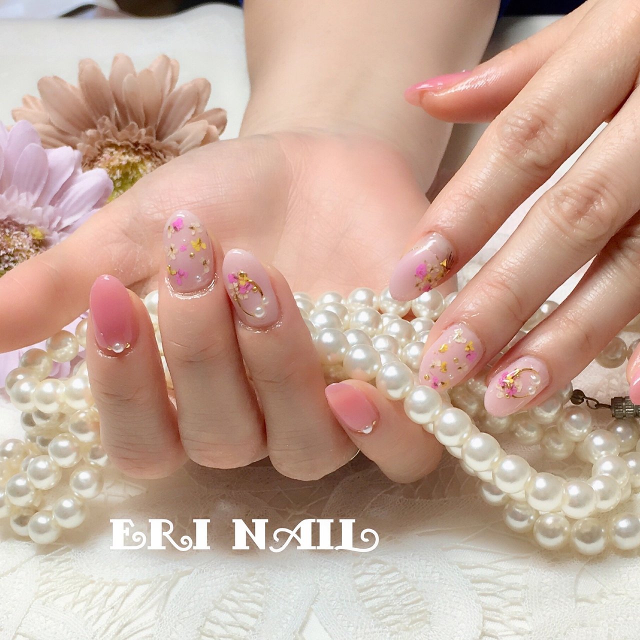 春 ハンド フラワー 押し花 ピンク 名古屋市天白区 自宅ネイルサロン Eri Nailのネイルデザイン No ネイルブック