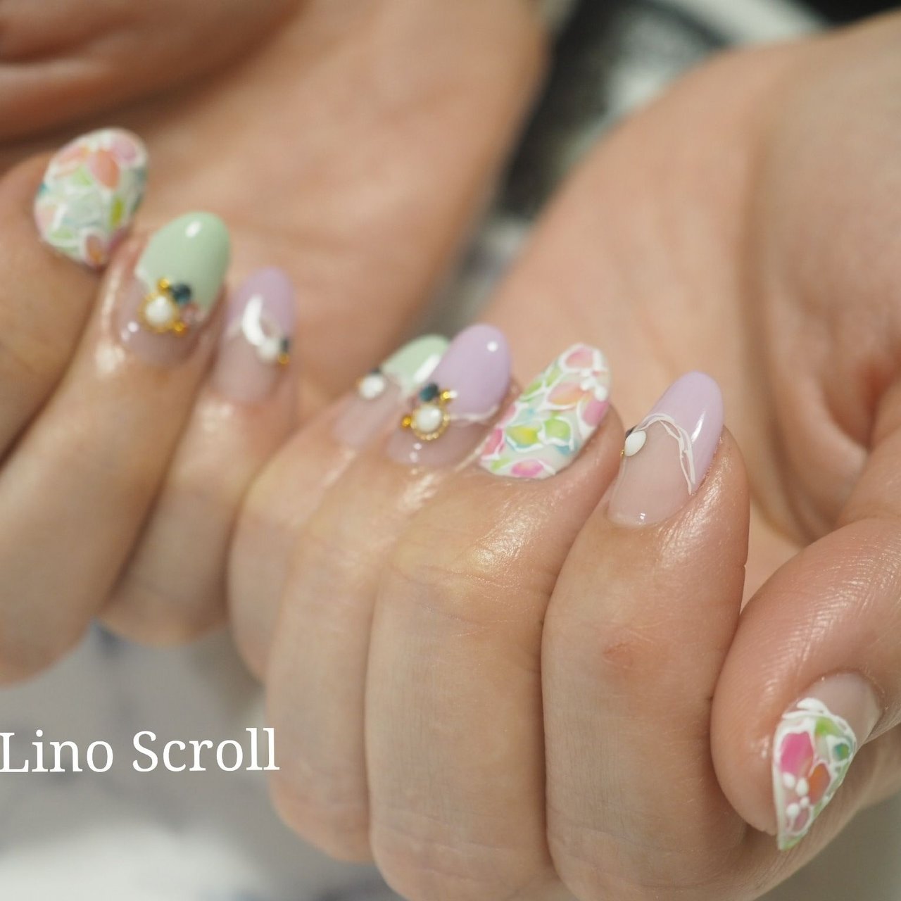 フラワー マット ミディアム パステル ジェル Lino Scrollのネイルデザイン No ネイルブック