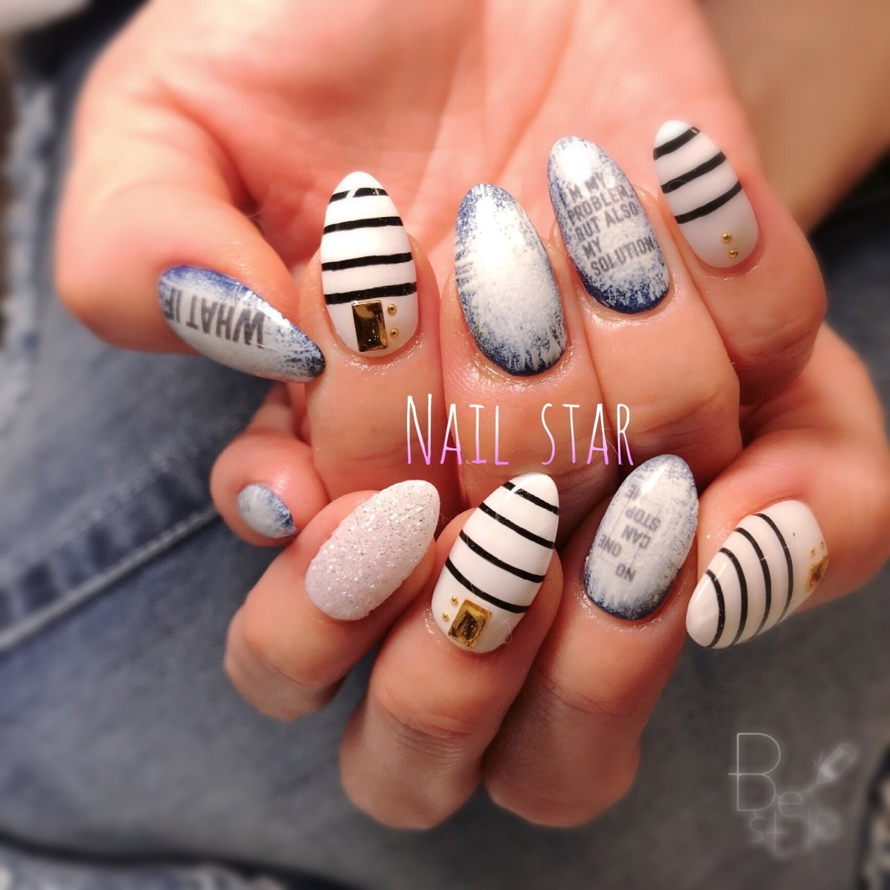 オールシーズン ハンド シュガー デニム ボーダー Nail Starのネイルデザイン No ネイルブック