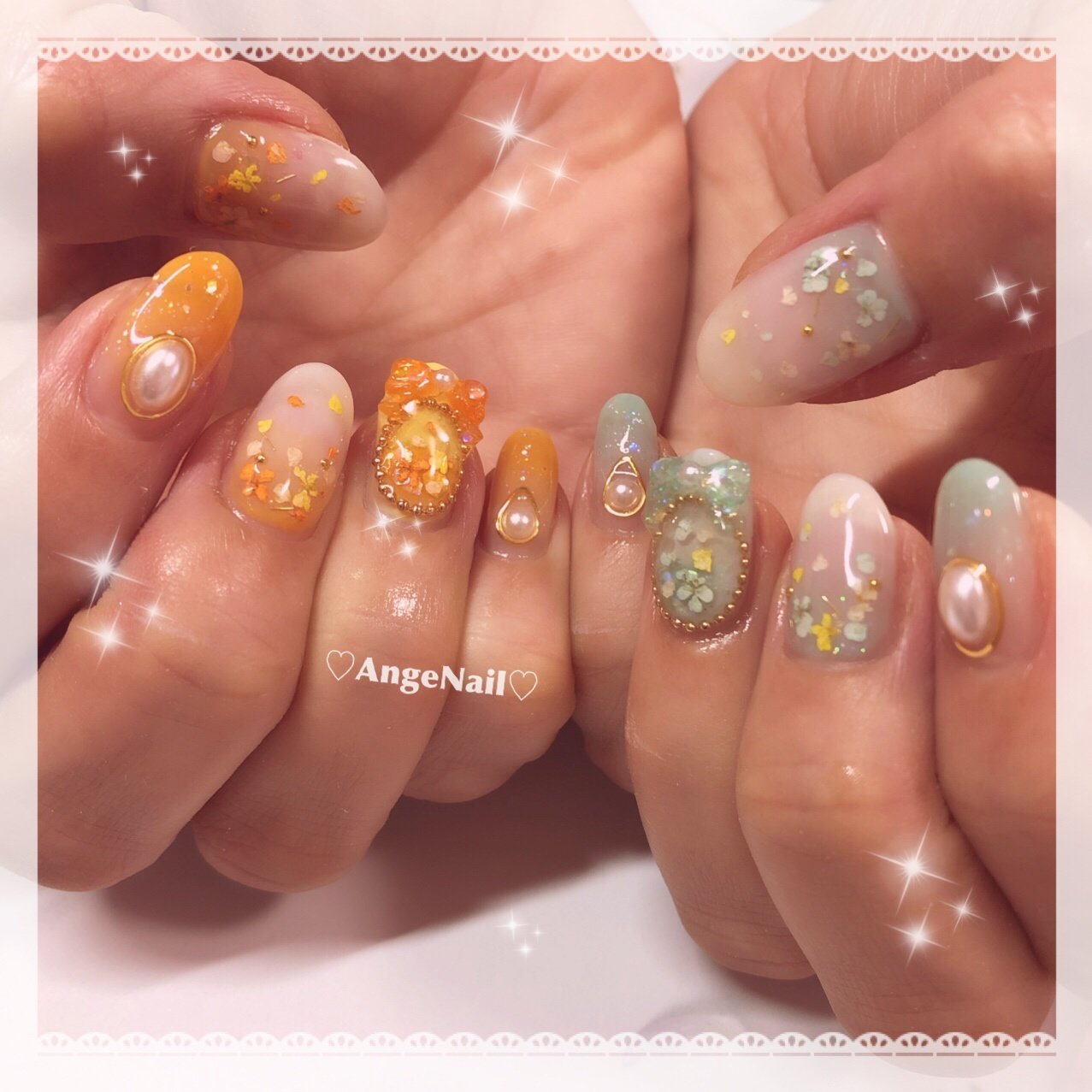 春 夏 ハンド フラワー オレンジ Angenailのネイルデザイン No ネイルブック