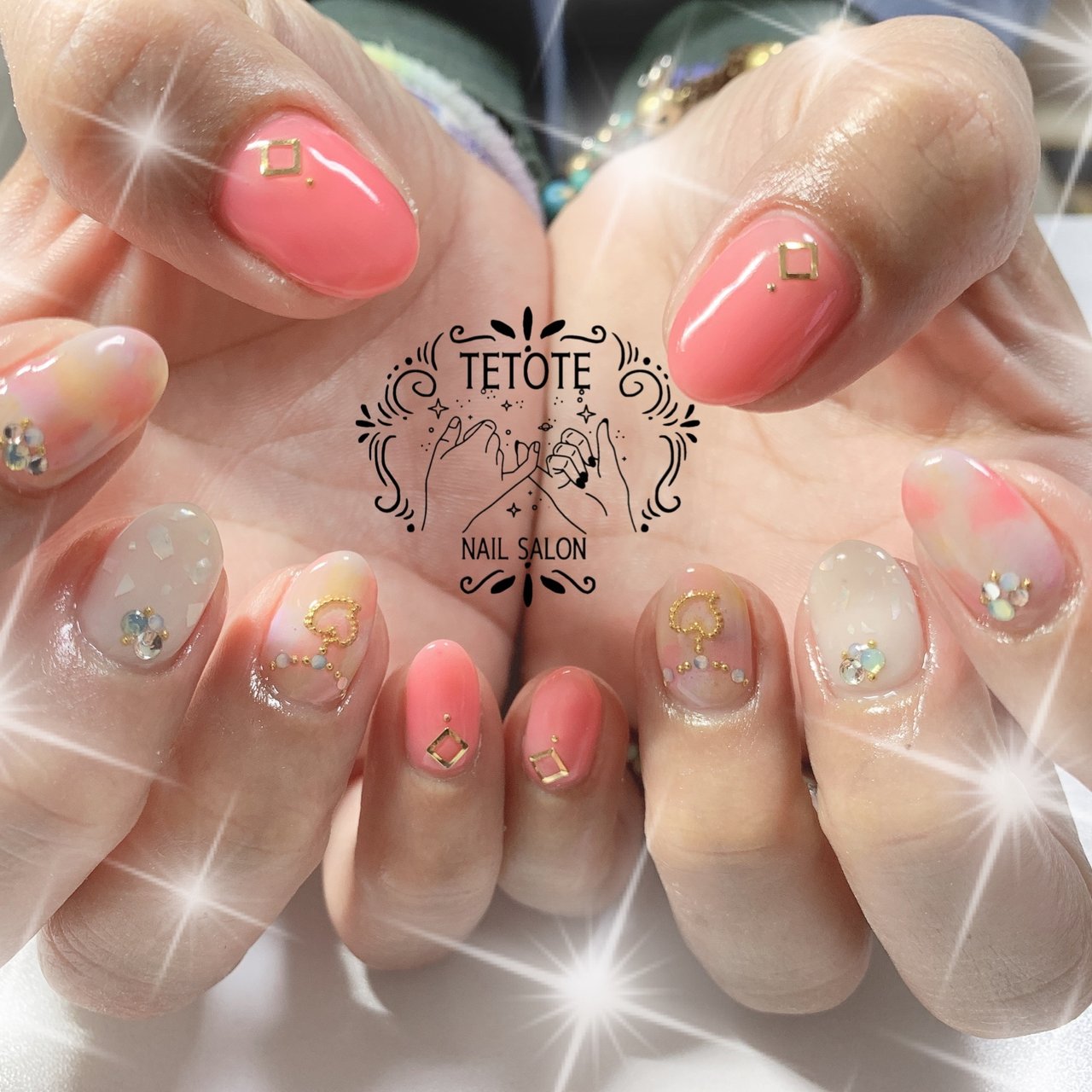 ハンド シェル マーブル ピンク イエロー Nailsalon Tetoteのネイルデザイン No ネイルブック