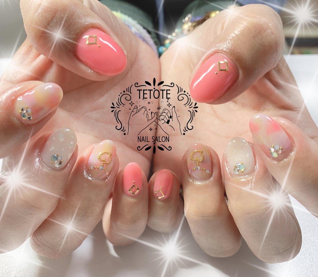 ハンド シェル マーブル ピンク イエロー Nailsalon Tetoteのネイルデザイン No ネイルブック