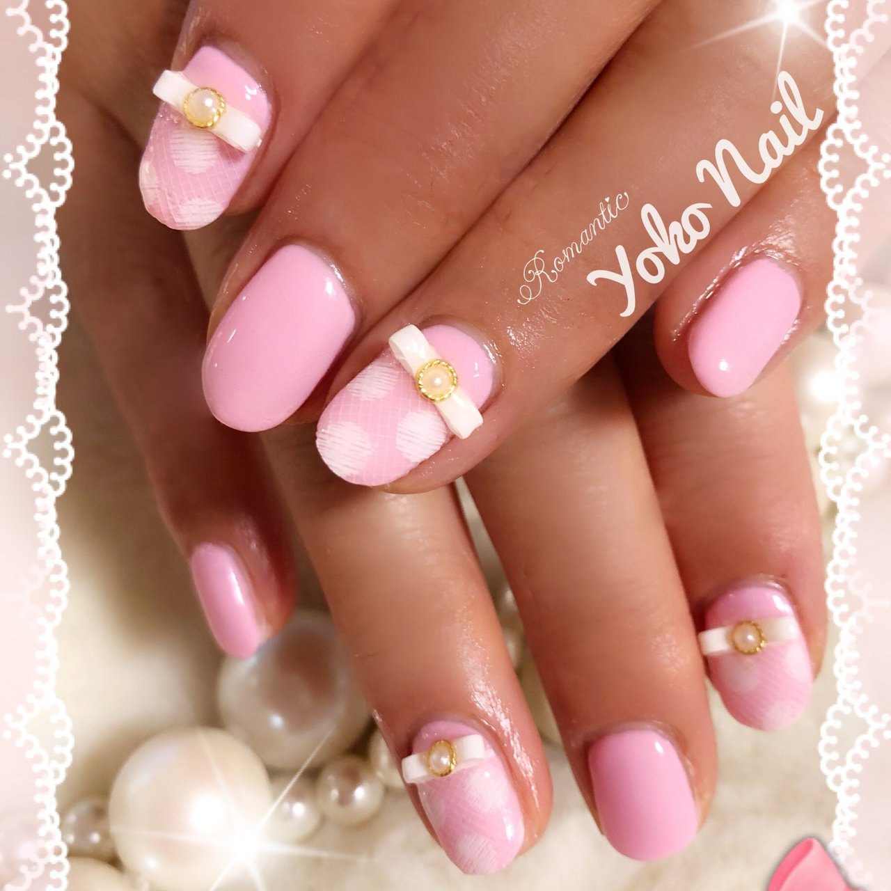 春 ドット リボン レース ピンク Yoko Nailのネイルデザイン No 4096232 ネイルブック