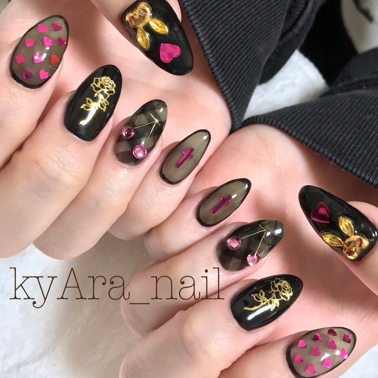 ハンド ハート シースルー デコ フルーツ Kyara Nailのネイル