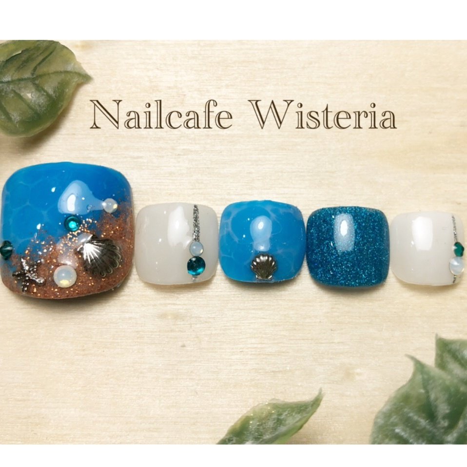 夏 フット シェル 水滴 ブルー Nailcafewisteriaのネイルデザイン No ネイルブック