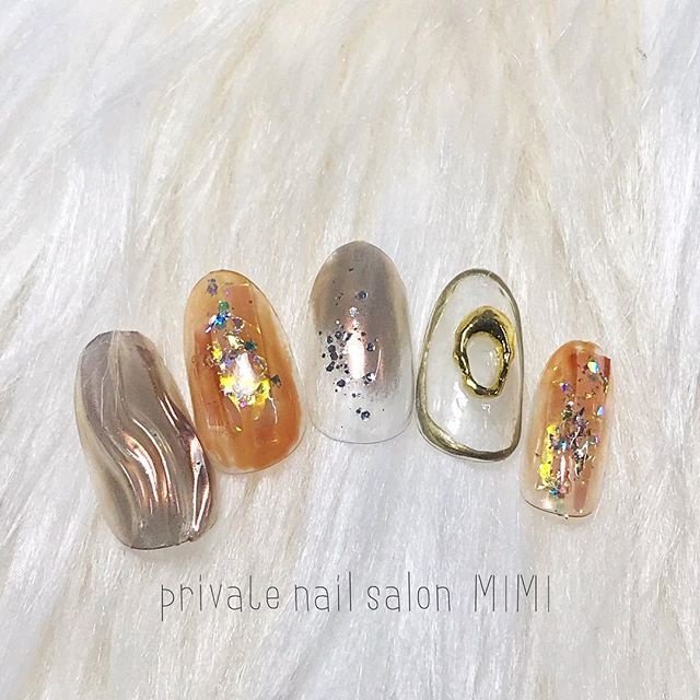 春 ニュアンス ミラー オレンジ ブラウン 本庄市ネイルサロンmimiのネイルデザイン No ネイルブック