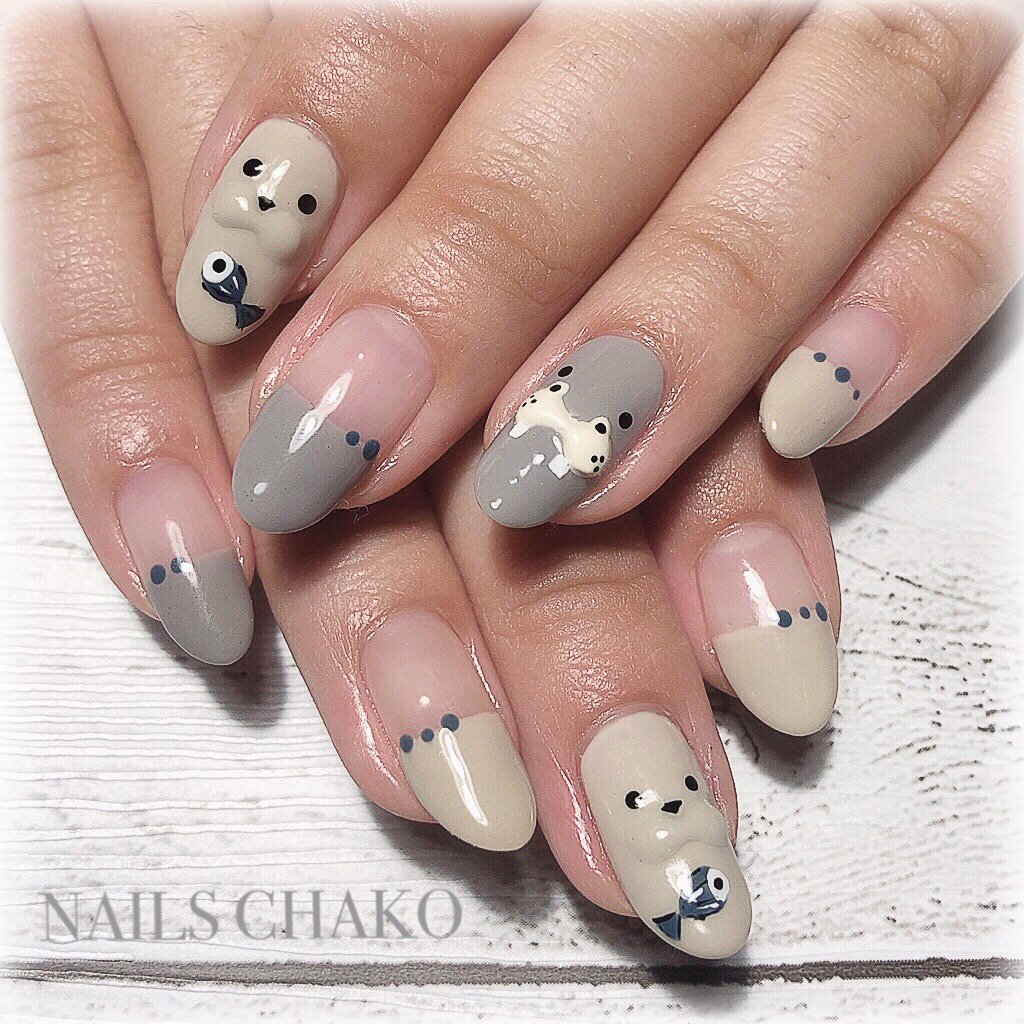 オールシーズン ハンド 変形フレンチ アニマル柄 キャラクター Nails Chakoのネイルデザイン No 4129526 ネイルブック