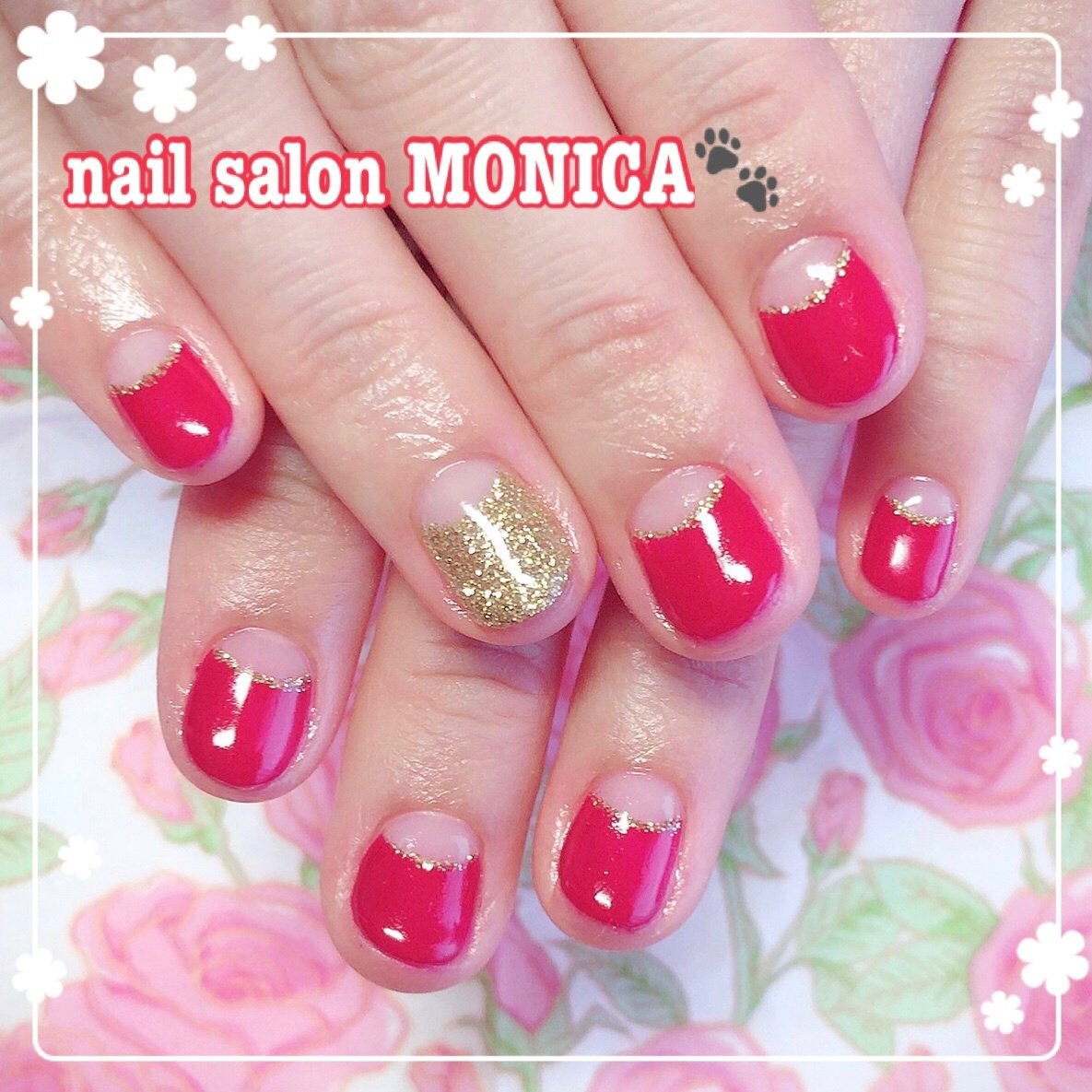 オールシーズン ハンド フレンチ ショート レッド Nail Salon Monica のネイルデザイン No ネイルブック