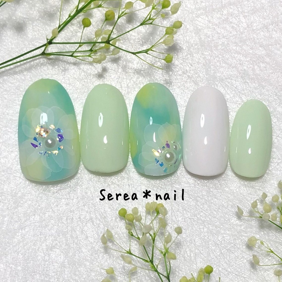 春 夏 たらしこみ マーブル グリーン Serea Nailのネイルデザイン No ネイルブック