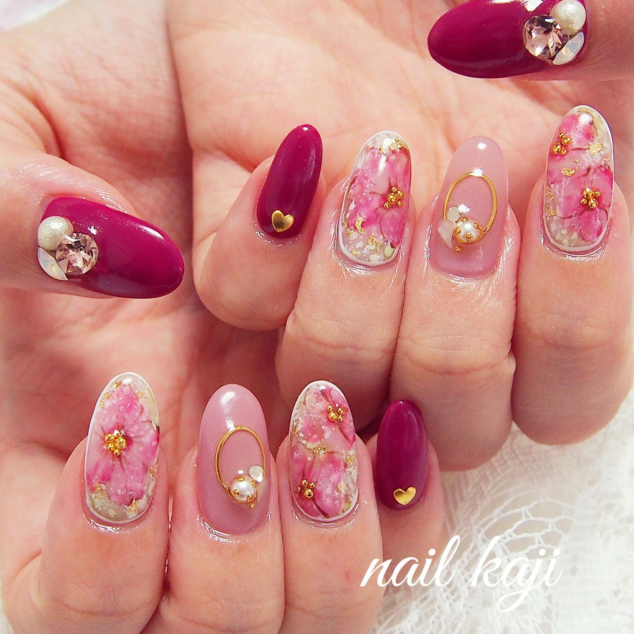 ハンド フラワー ピンク レッド ボルドー Nail Kajiのネイルデザイン No ネイルブック