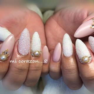 #micorazon...8#nail#ジェルネイル#パラジェル#一層残し#MB#シュガーネイル #ポイントネイル #スワロフスキーネイル #ピンクネイル #ホワイトネイル #春 #ブライダル #パーティー #ハンド #ビジュー #ワンカラー #パール #シュガー #ロング #ホワイト #ピンク #ゴールド #ジェルネイル #お客様 #mi Corazon...8 #ネイルブック