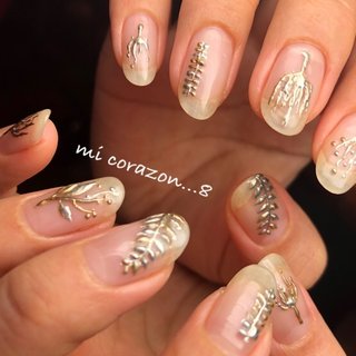 #micorazon...8#nail#ジェルネイル#パラジェル#一層残し#MB#クリアネイル #メタリックネイル #手描きアート #ぷっくりアート #ハイセンス #おしゃれさんネイル #オールシーズン #ハンド #ニュアンス #ボタニカル #ショート #クリア #ゴールド #シルバー #ジェルネイル #お客様 #mi Corazon...8 #ネイルブック