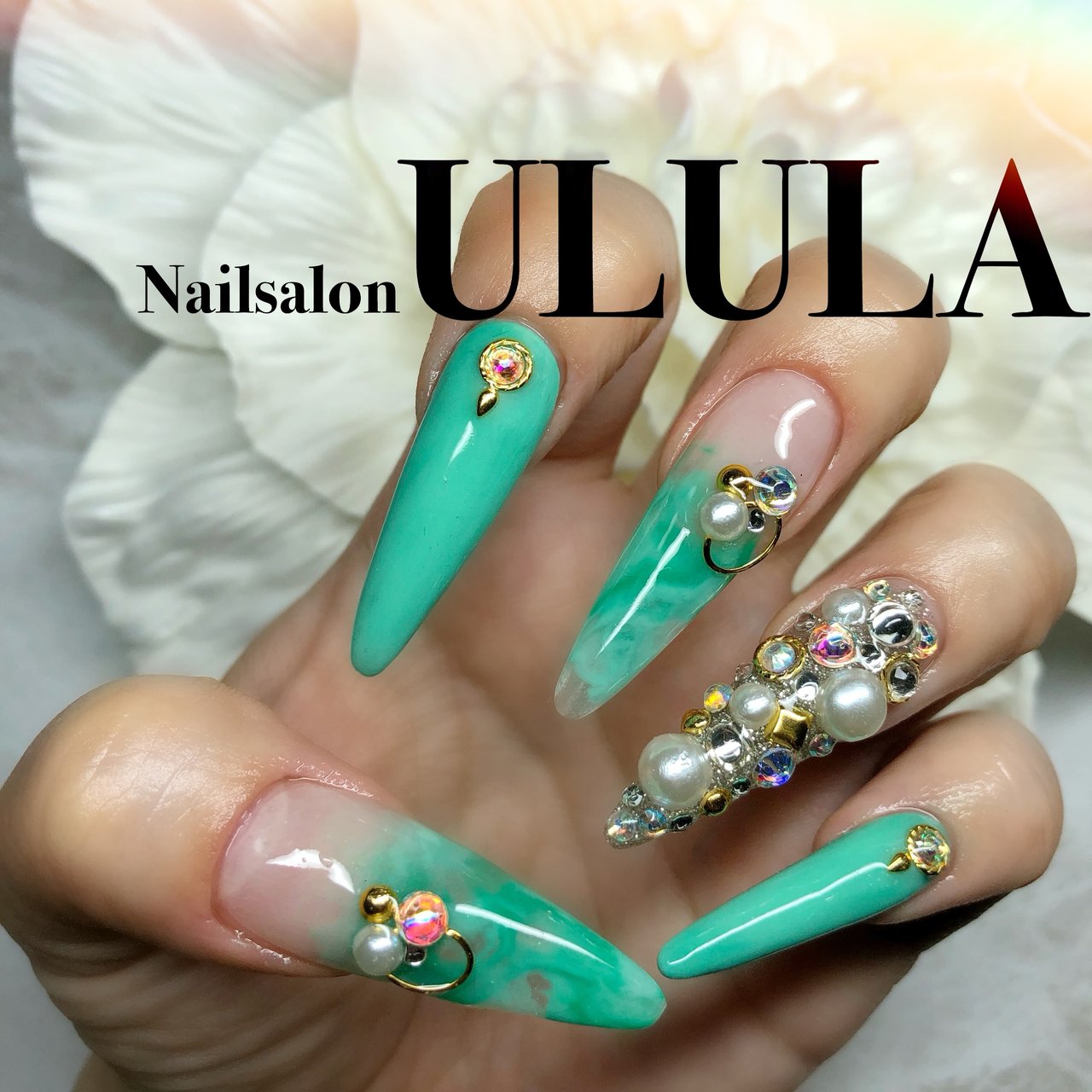 春 夏 ハンド ビジュー マーブル Nailsalon Ululaのネイルデザイン No ネイルブック