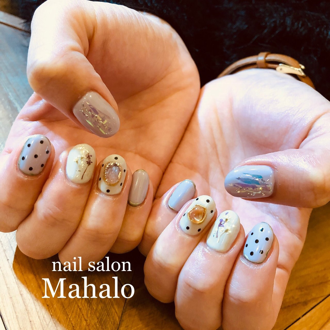 オールシーズン ハンド ベージュ パープル ジェル Nailsalon Mahaloのネイルデザイン No ネイルブック