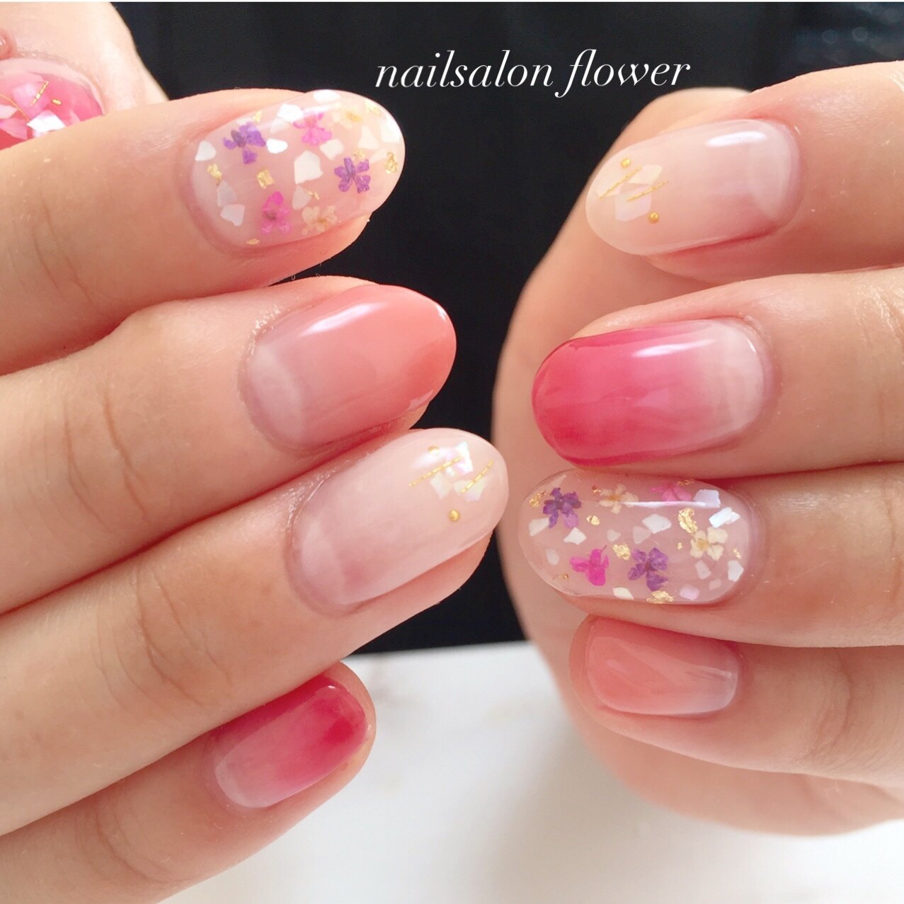 春 夏 グラデーション 押し花 ピンク Nailsalon Flowerのネイルデザイン No ネイルブック