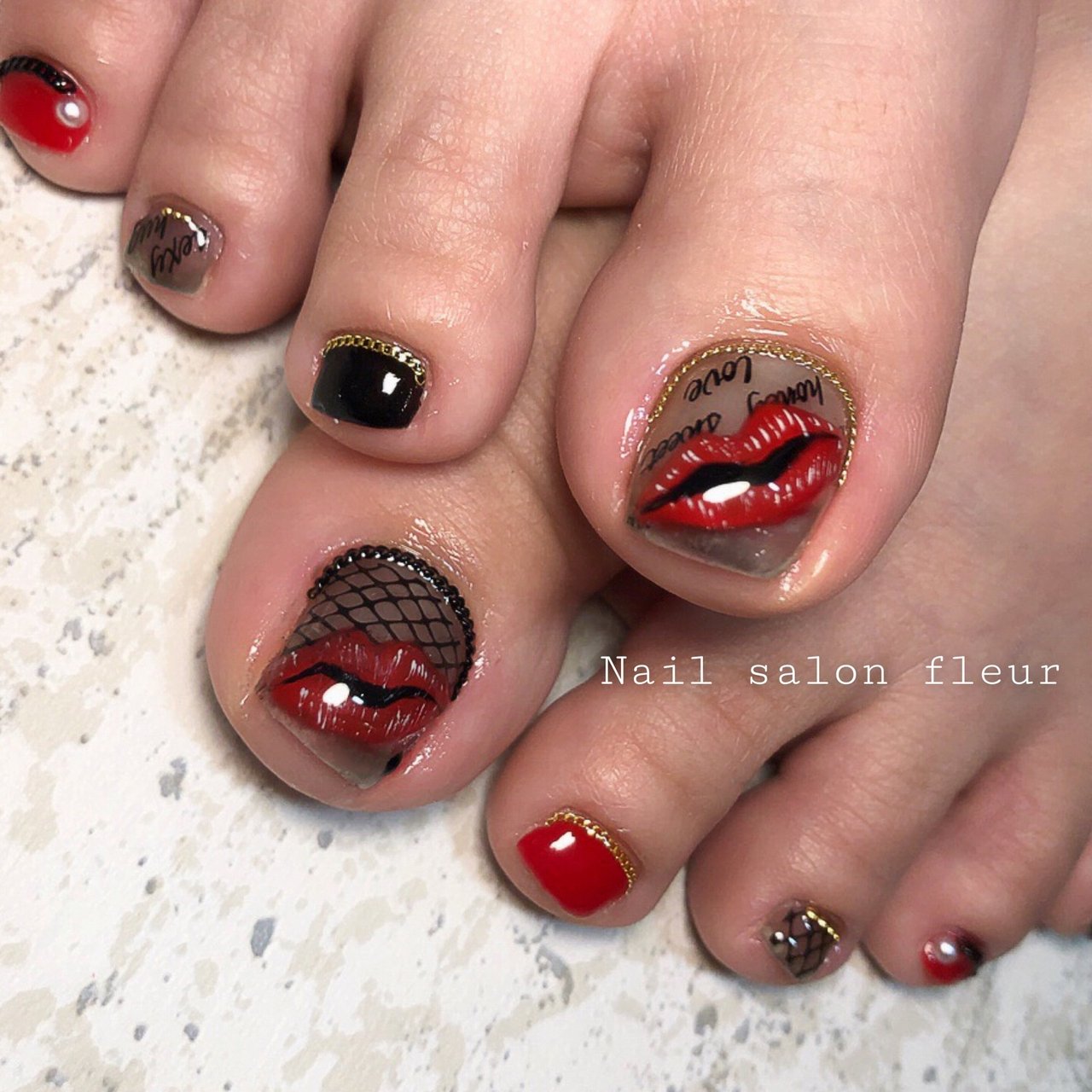 フット/レッド/ブラック/ジェルネイル/お客様 - Nail Fleur_Maki