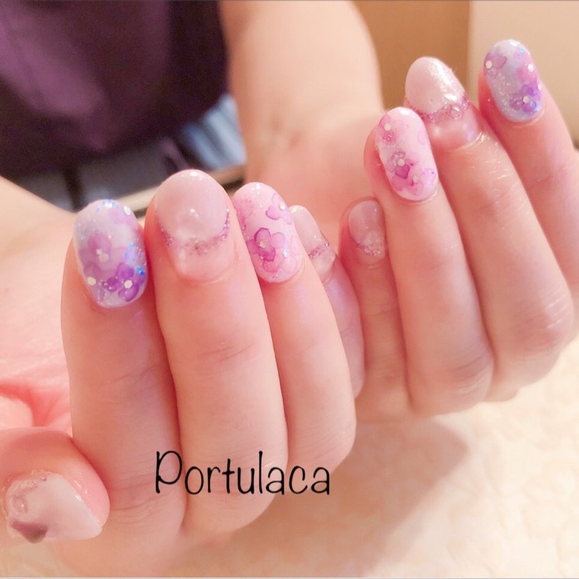 梅雨 変形フレンチ フラワー たらしこみ ピンク 愛能知加子 Portulacaのネイルデザイン No ネイルブック