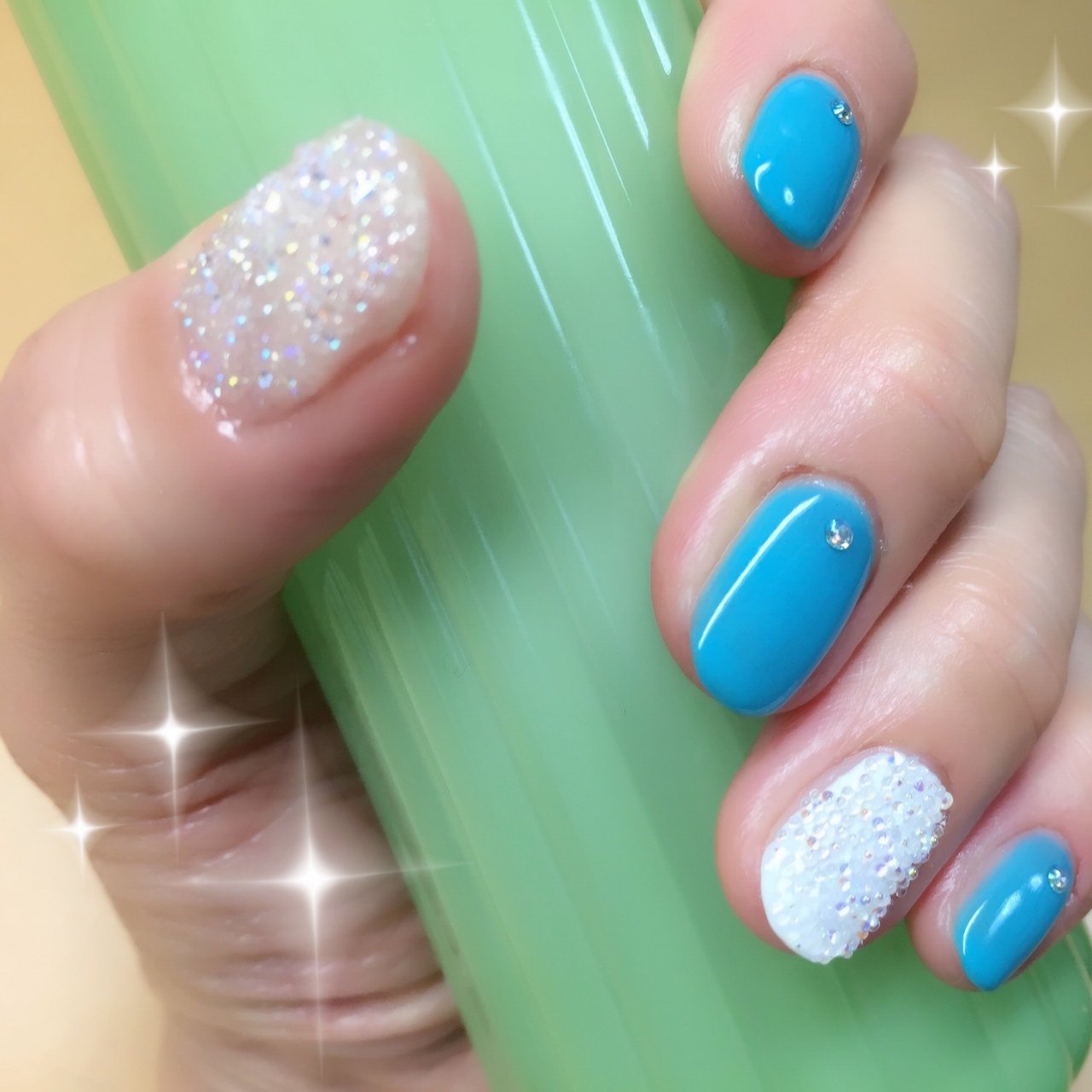 夏 ハンド クリスタルピクシー ショート ターコイズ Xasaxのネイルデザイン No ネイルブック