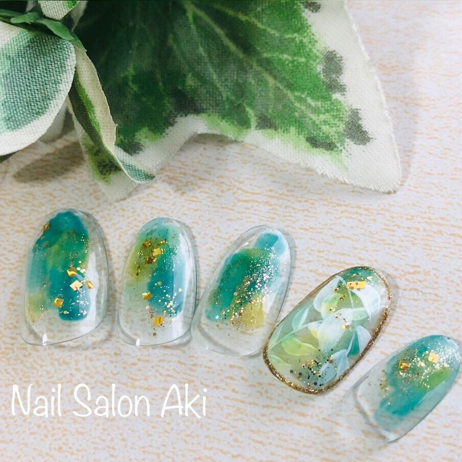 夏 ハンド ボタニカル ホワイト グリーン Nail Salon Akiのネイルデザイン No ネイルブック