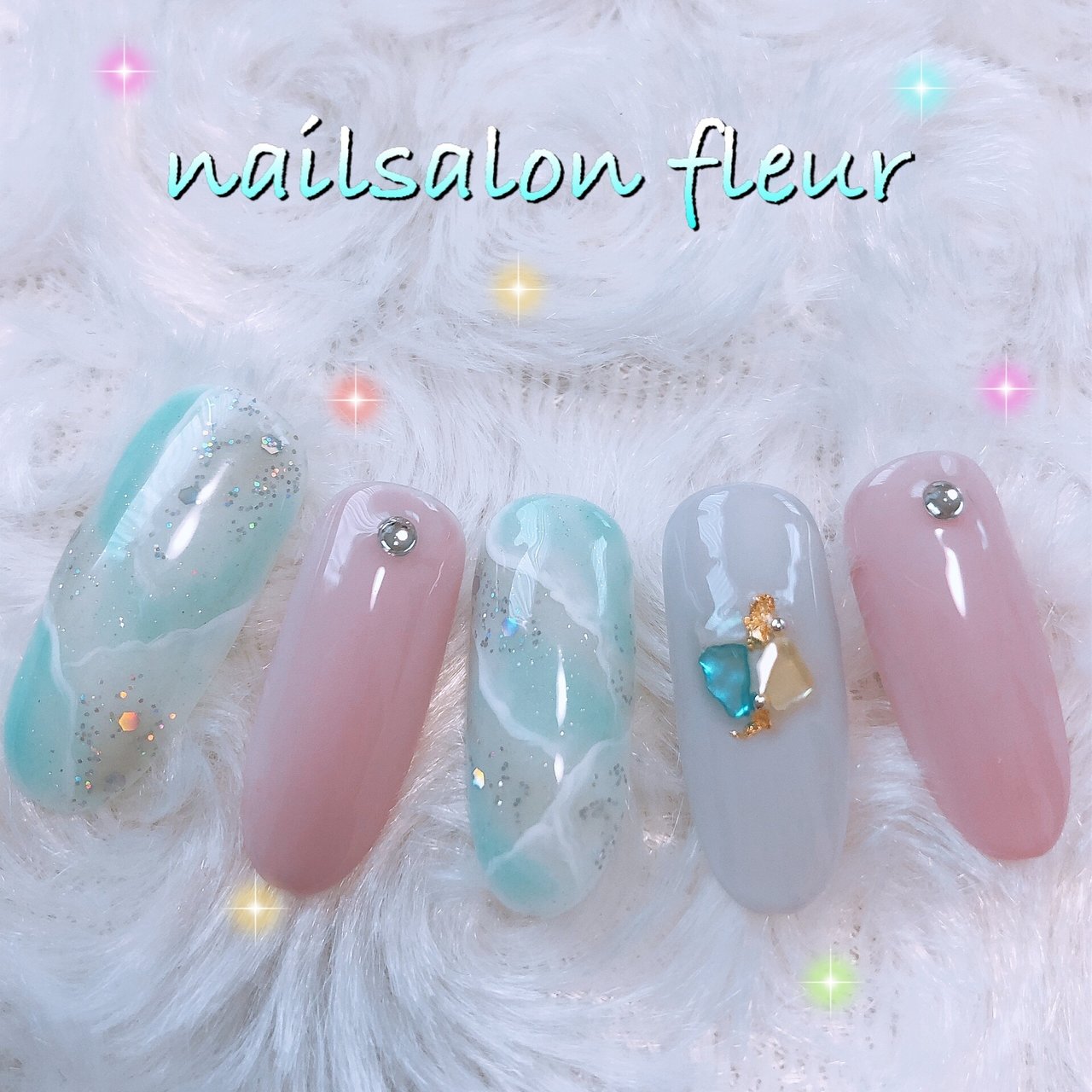 夏 シンプル 大理石 水色 ジェル Nailsalon Fleurのネイルデザイン No ネイルブック