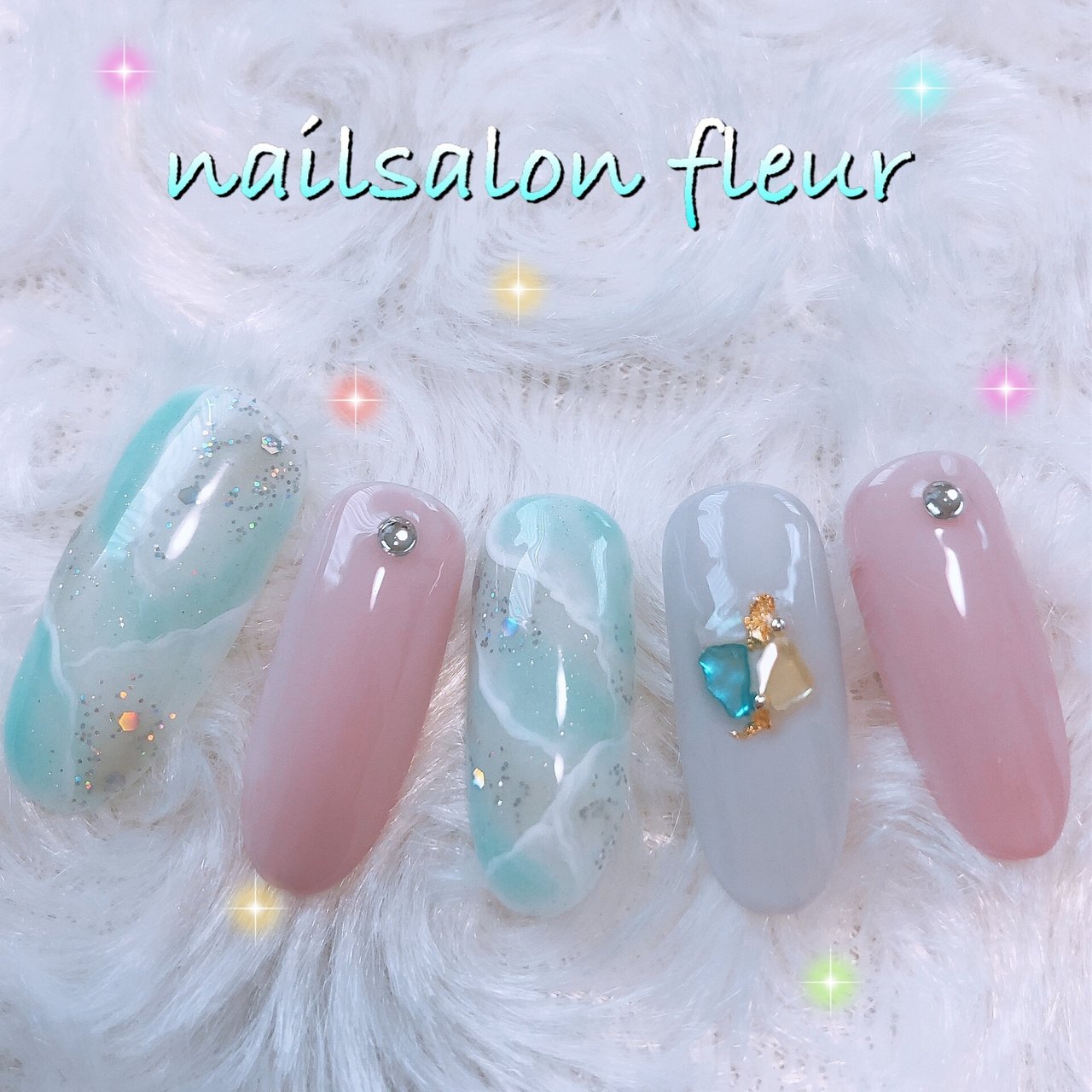 夏 シンプル 大理石 水色 ジェルネイル Nailsalon Fleurのネイルデザイン No ネイルブック