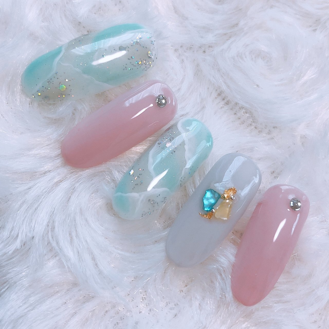 夏 シンプル 大理石 水色 ジェル Nailsalon Fleurのネイルデザイン No ネイルブック