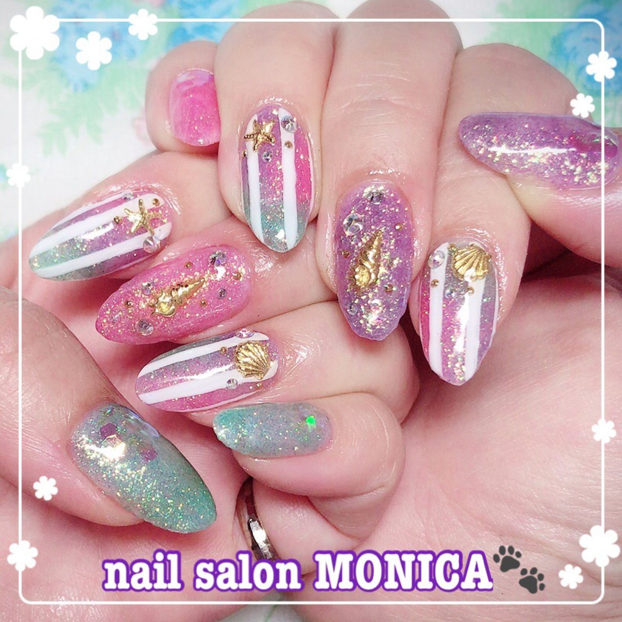 夏 ハンド ストライプ ロング ピンク Nail Salon Monica のネイルデザイン No ネイルブック