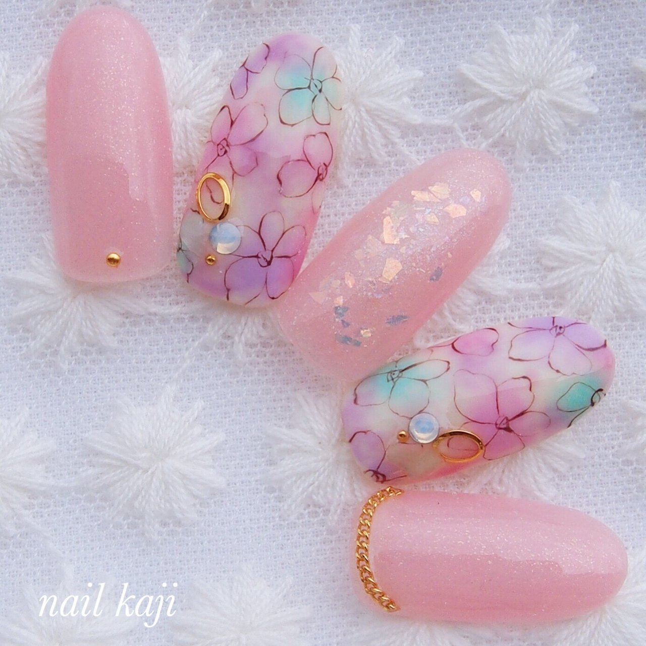 夏 ハンド フラワー ピンク ターコイズ Nail Kajiのネイルデザイン No ネイルブック