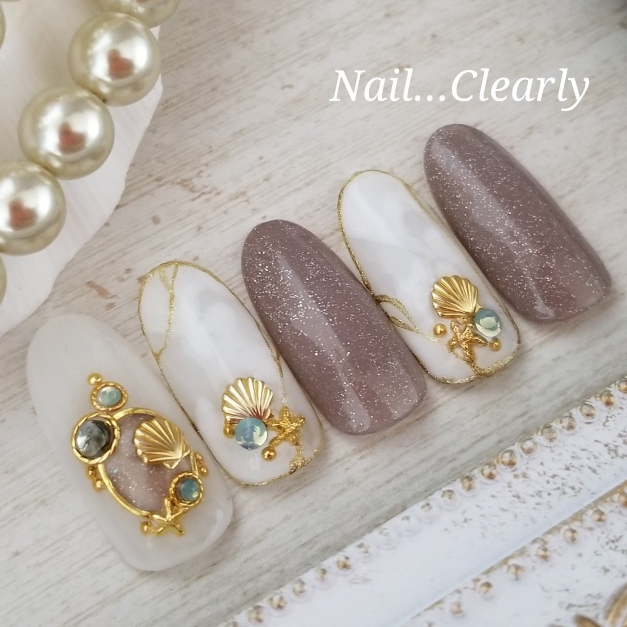 オーダーネイルチップNo.67 夏 海 キラキララメ 貝殻ヒトデパーツ