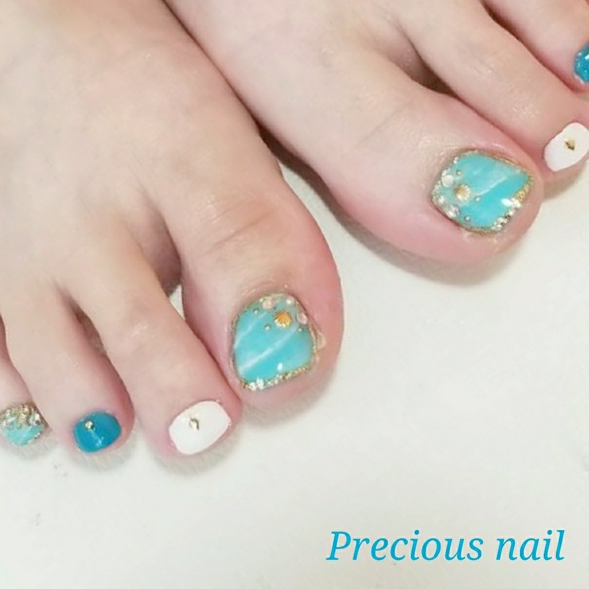 夏 海 フット 水色 ゴールド Precious Nail315のネイルデザイン No ネイルブック