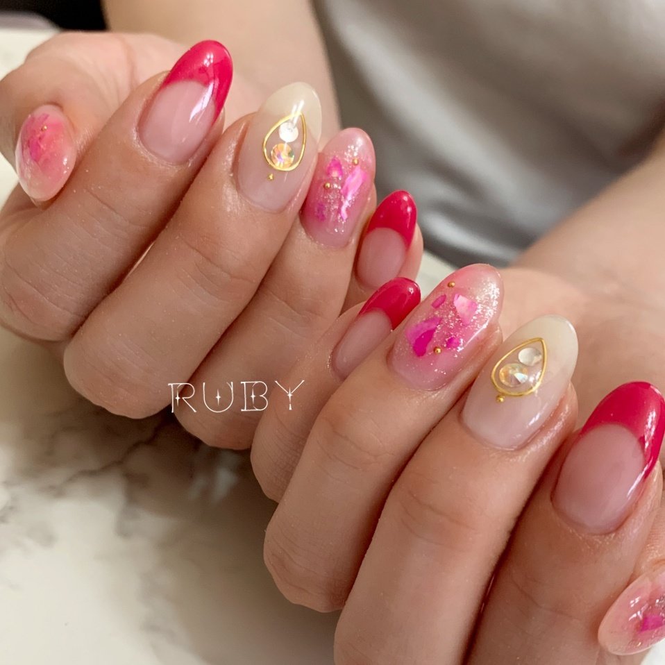 夏 ハンド フレンチ ラメ シェル Ruby Nail07のネイルデザイン No 4344424 ネイルブック