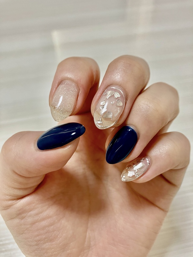 【美品】ももぐさサロン 綿 麻　縞ネイビー 繭衣 シルク100% ニットロングボトム M～LL (Mayui 絹 シルク
